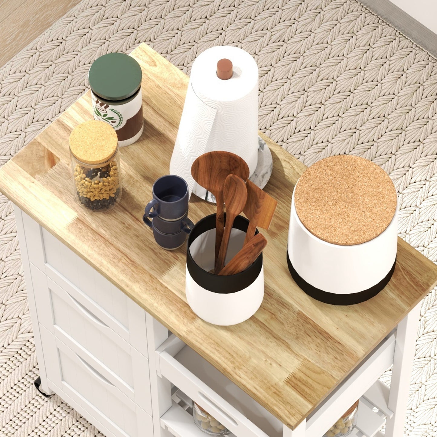 Rolling Kitchen Cart with Wood Top, Shelves & Drawers - White