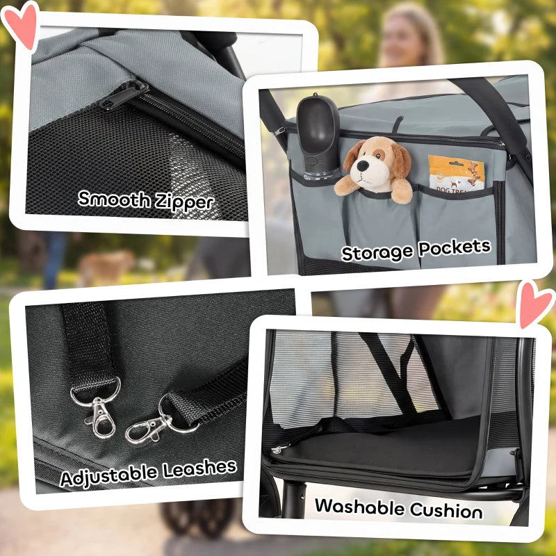 Pet Stroller for Medium Dogs - 3 Wheel Folding Canopy Mesh Window Gray