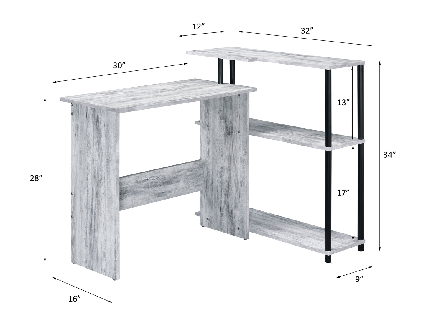 Antique White & Black Finish Writing Desk with Side Shelf