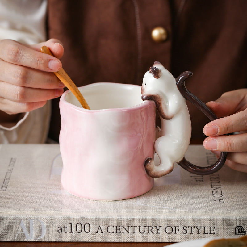 Hand Painted 3D Siamese Cat Ceramic Mug - Pink & Blue, 350ml