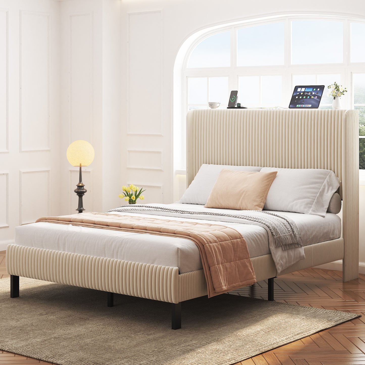 Full Metal Platform Bed Frame with Charging Station - Beige