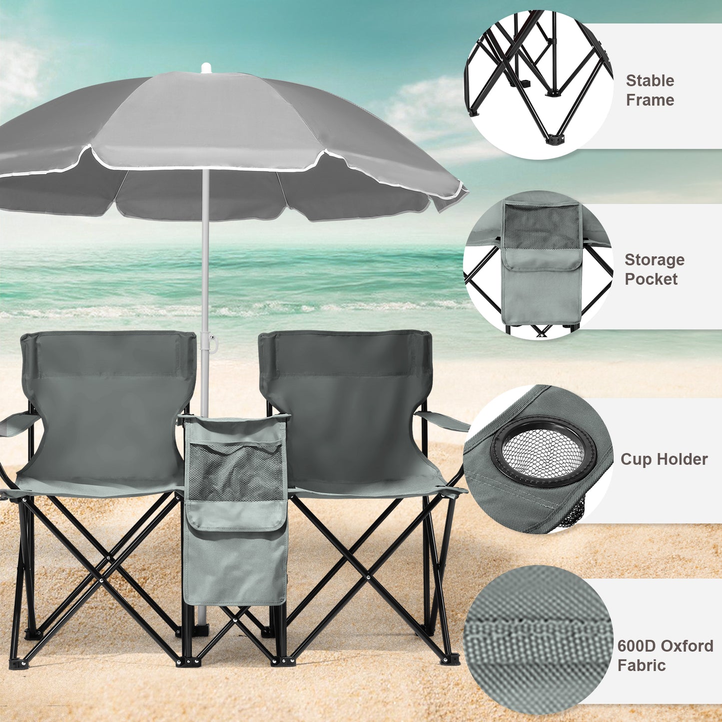Portable Outdoor 2-Seat Folding Fishing Chair with Umbrella