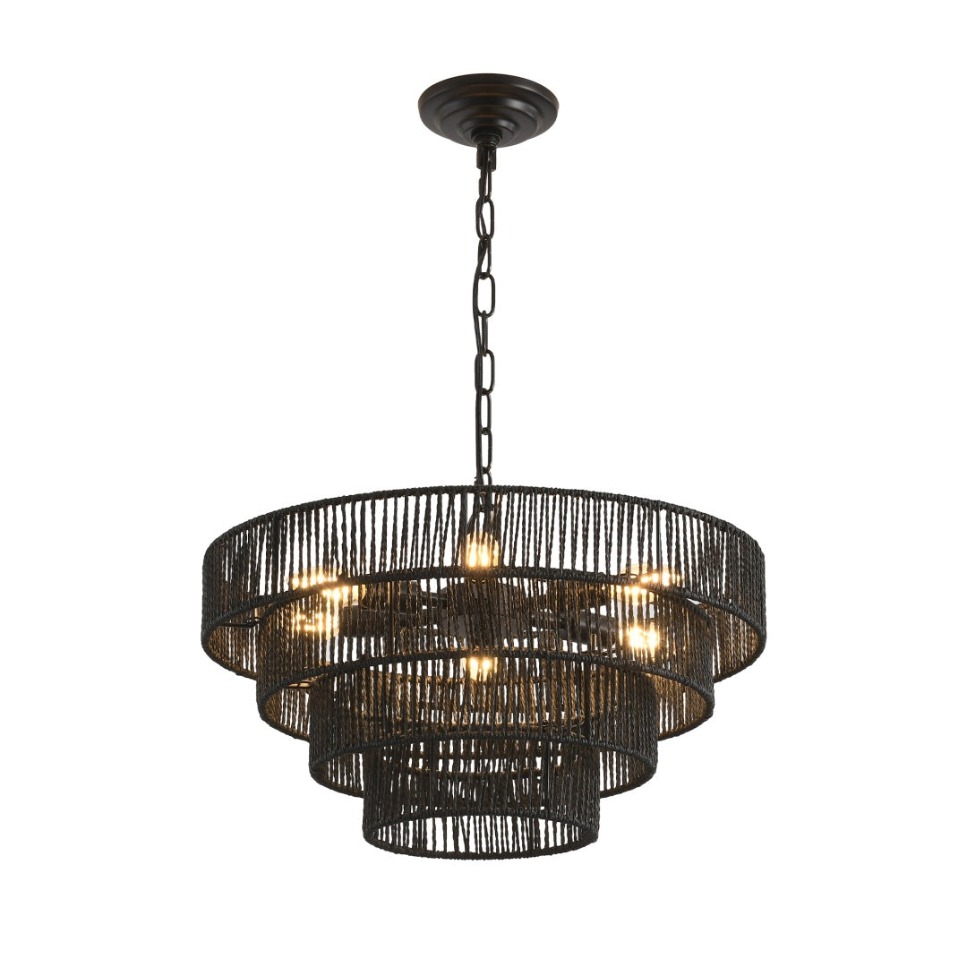 Rustic 4-Tier Hemp Rope Pendant Light Fixture with 6 E12 Sockets