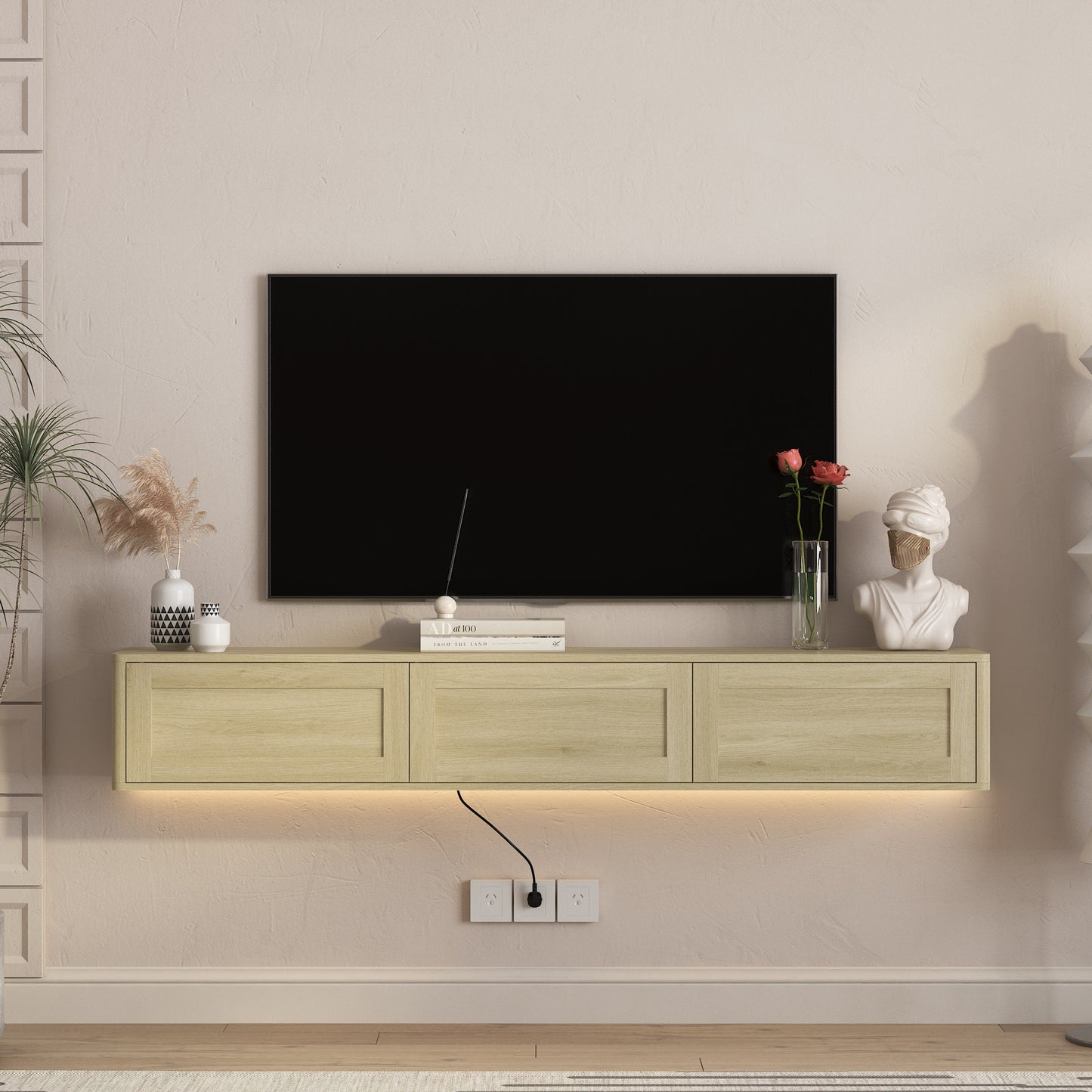 Floating TV Stand with LED Lights & Power Outlet - Wood