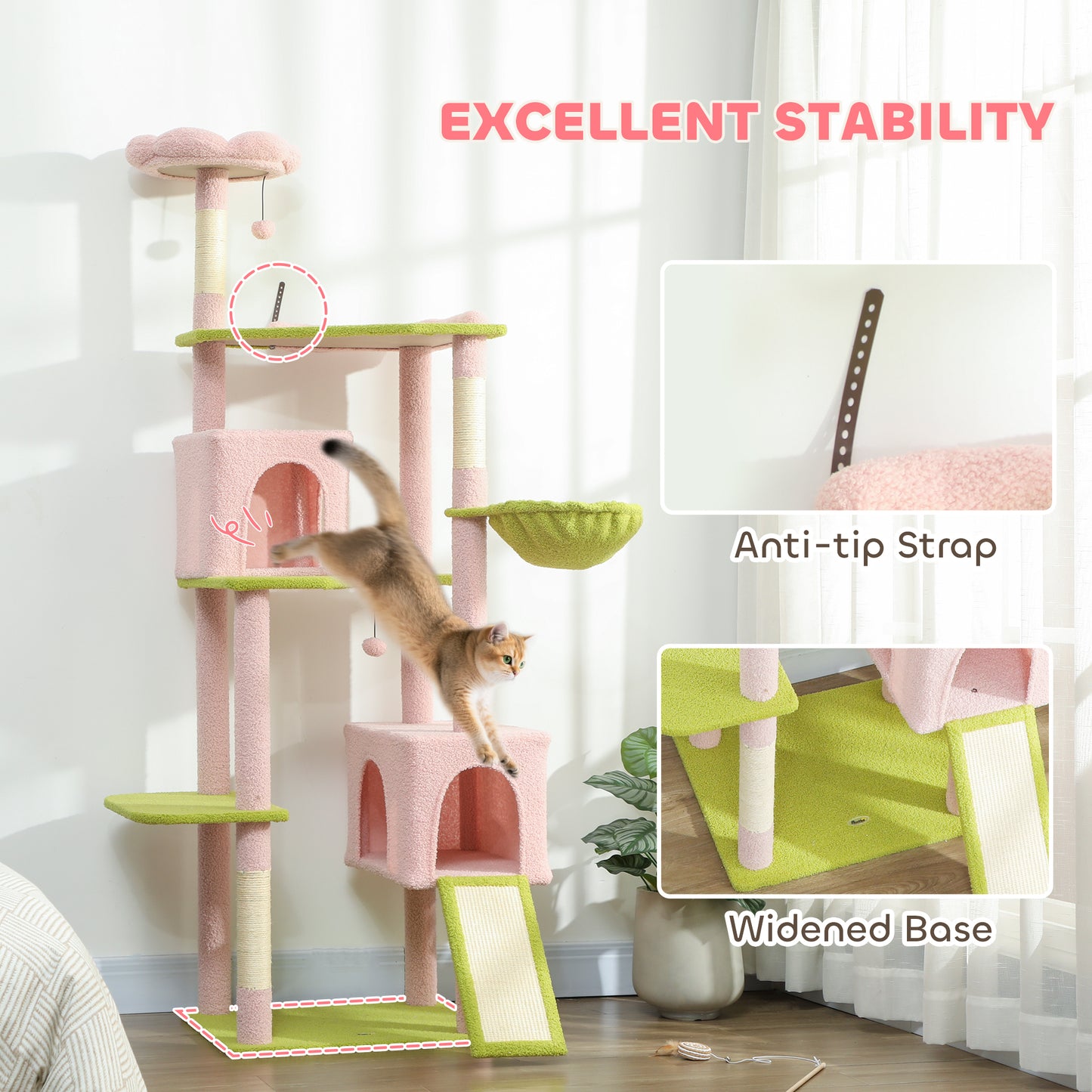 74-Inch Large Flower Cat Tree with Scratching Posts & Condos - Pink