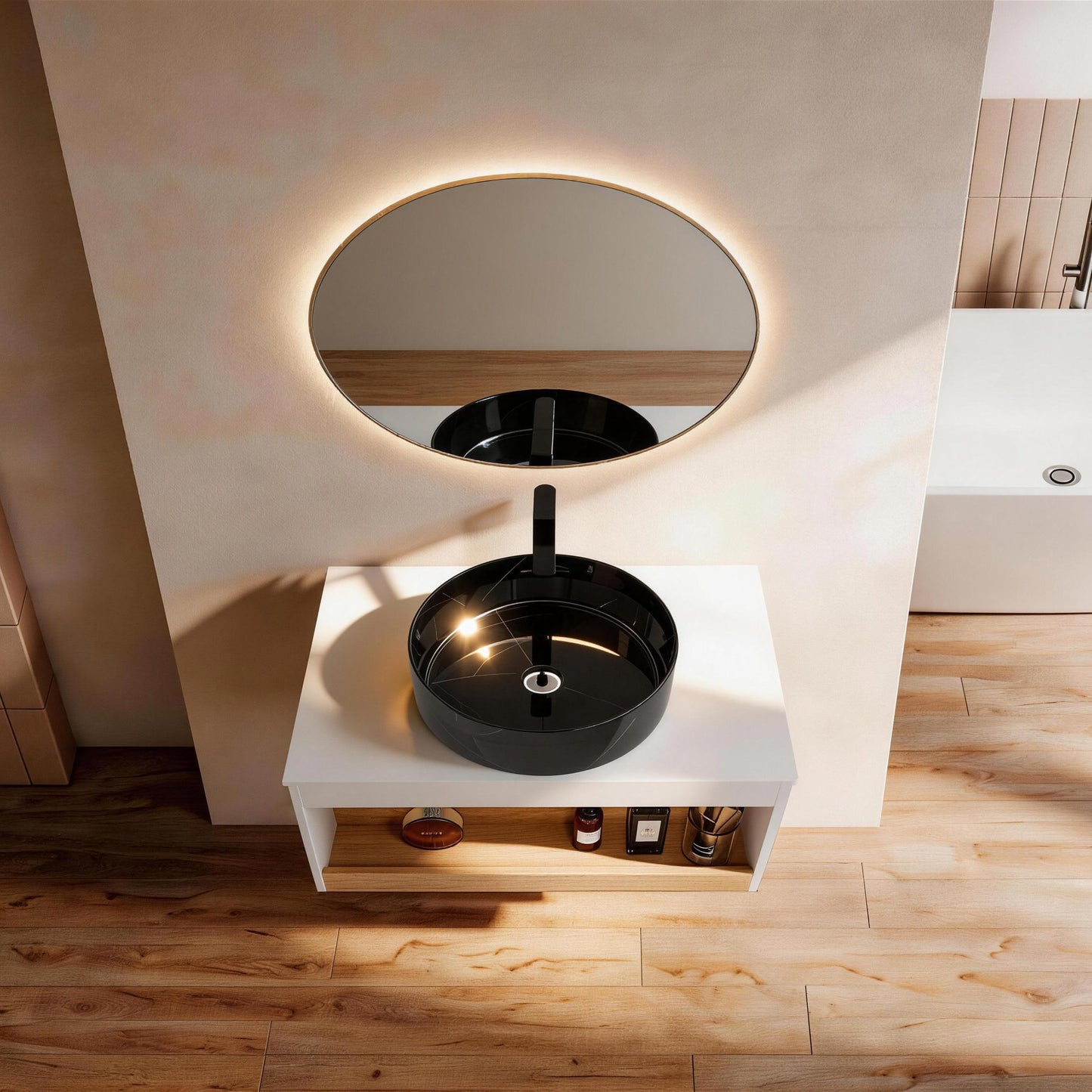 30" Floating Bathroom Vanity with Black Marble Vessel Sink