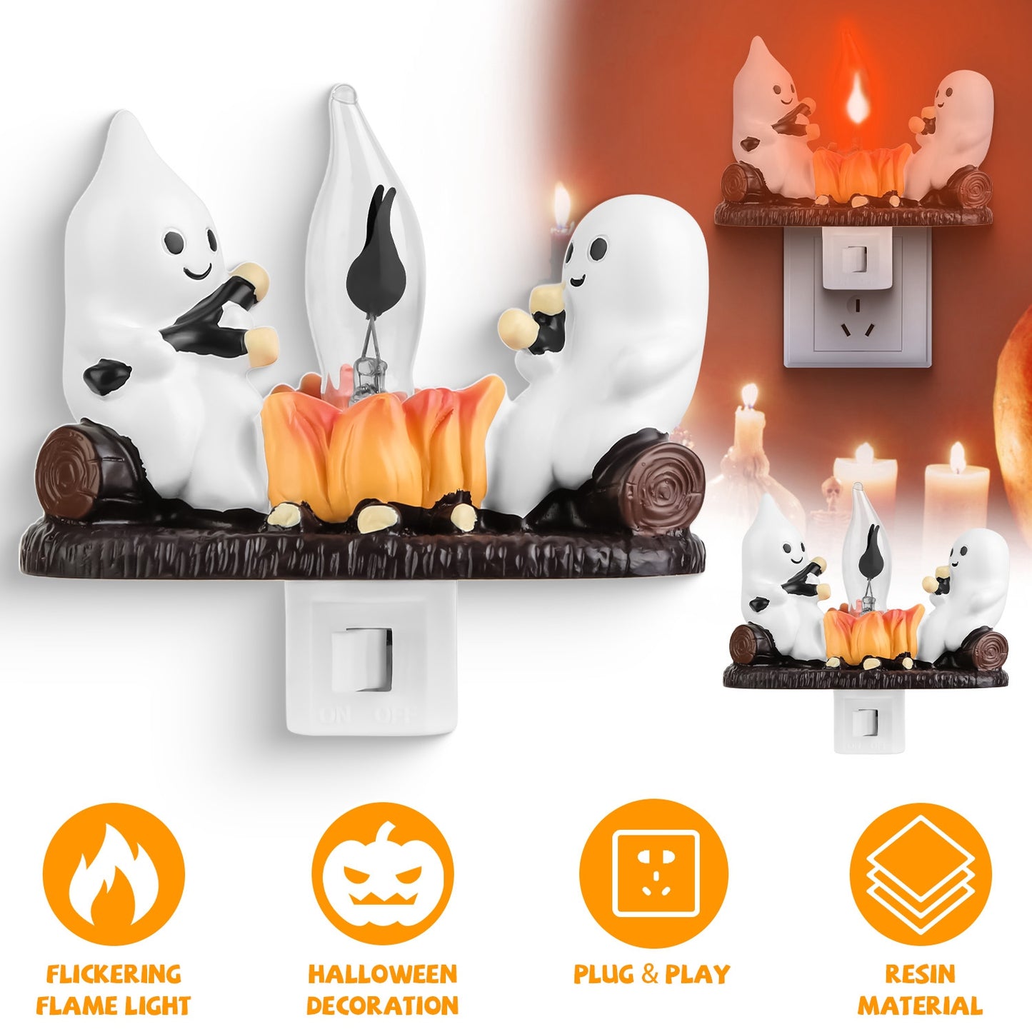 Ghost Campfire Flickering Night Light - Halloween & Bedroom Decor, Pack of 2