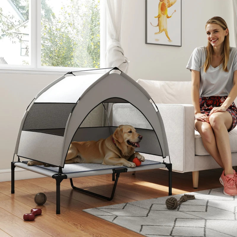 Outdoor Elevated Dog Bed with Canopy and Cooling Pad - Portable Waterproof Pet Cot