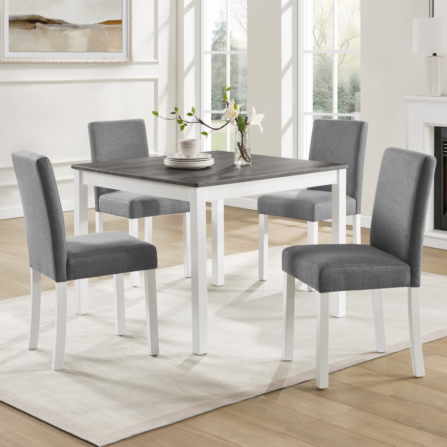 5-Piece Wooden Dining Table Set with 4 Chairs - Grey & White