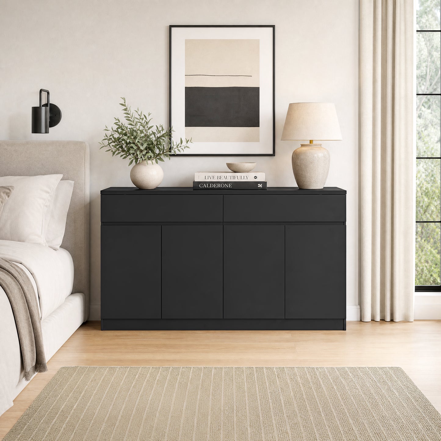 Large Black Sideboard Buffet Cabinet with Storage & 2 Drawers
