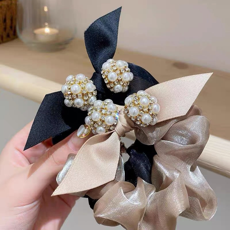 Beaded Pearl Bowknot Hair Rope - Korean Style