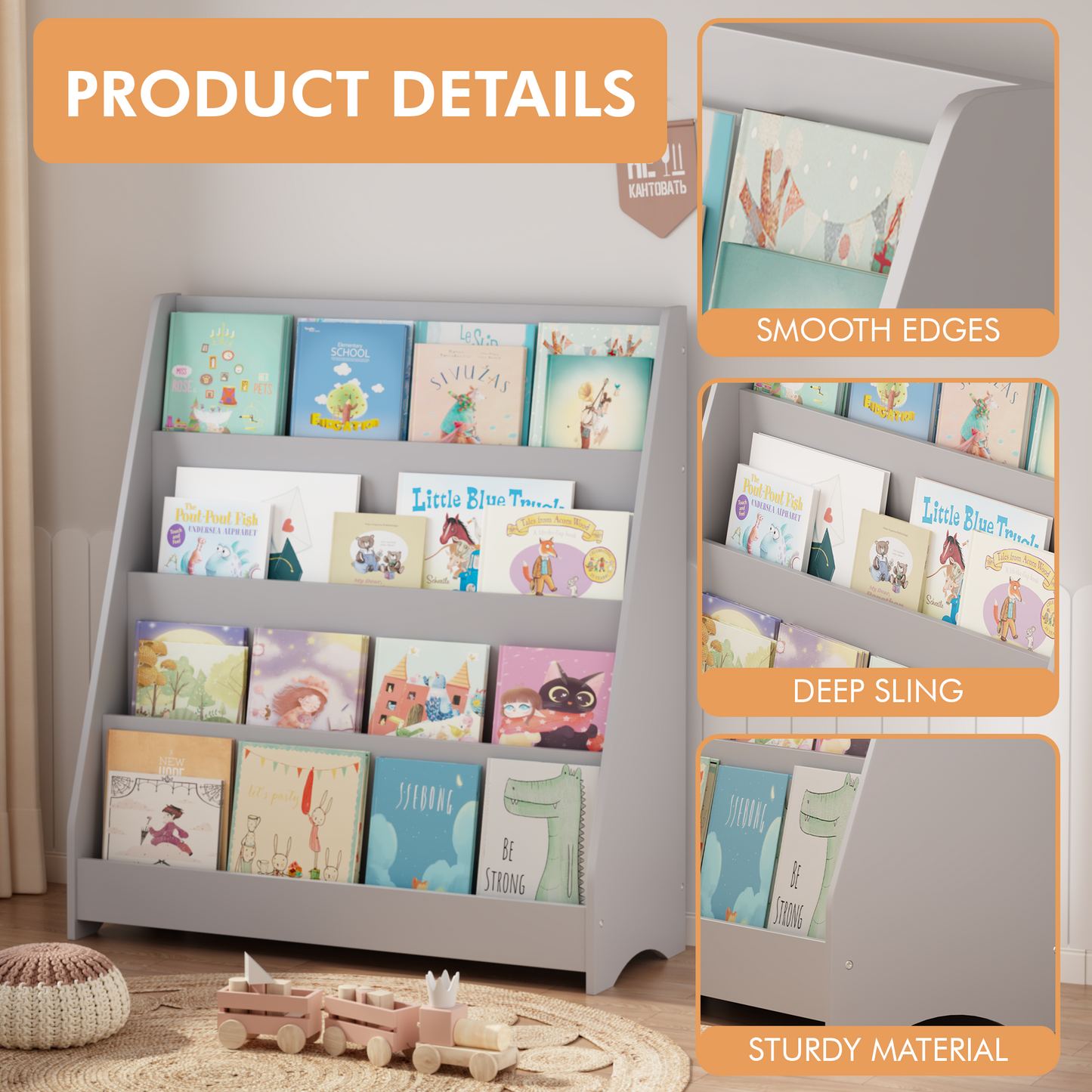 4-Tier Kids Bookshelf - Gray MDF Book Display for Bedrooms & Playrooms