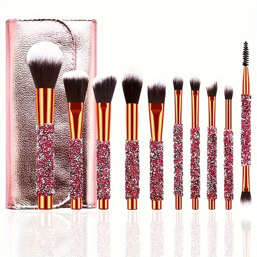 10-Piece Luxury Makeup Brush Set with Diamond Crystal Handles - Red
