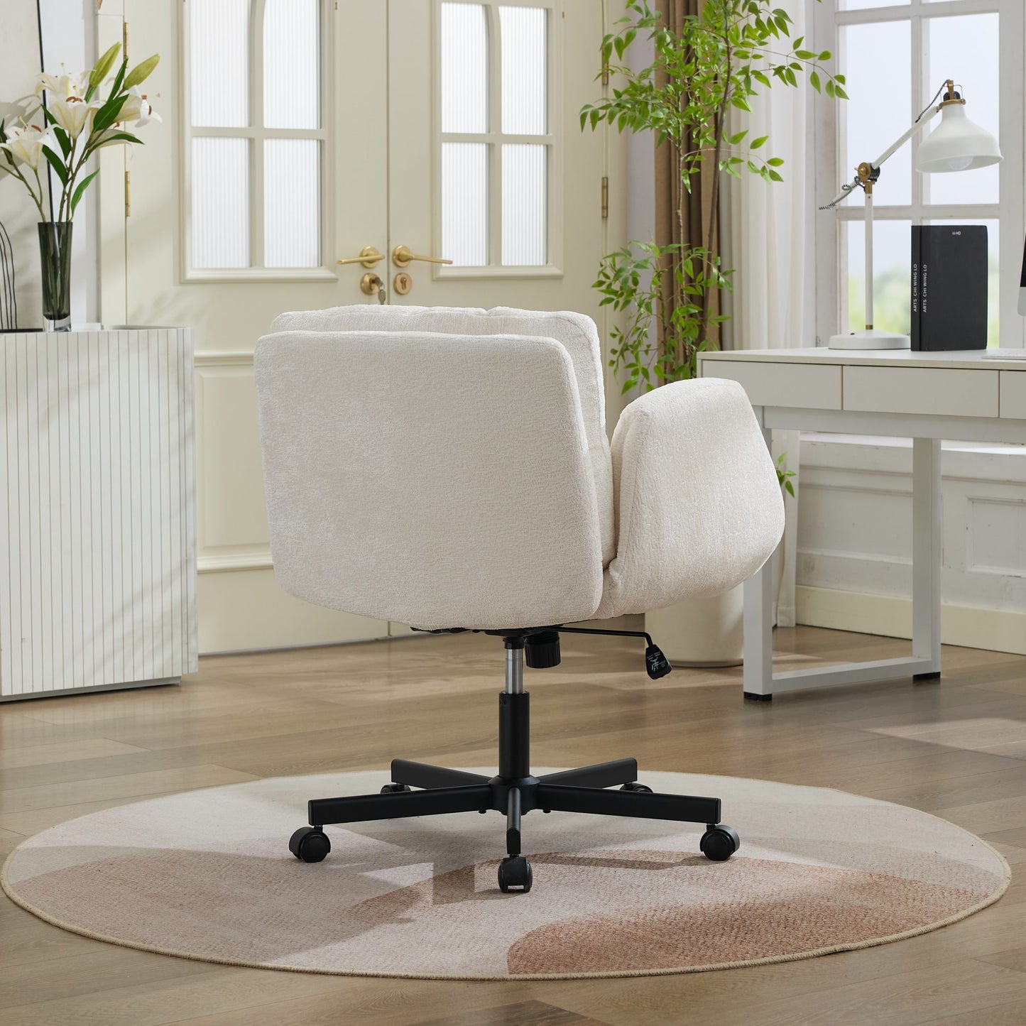 Chenille Swivel Office Chair - Height Adjustable with Armrests - Beige