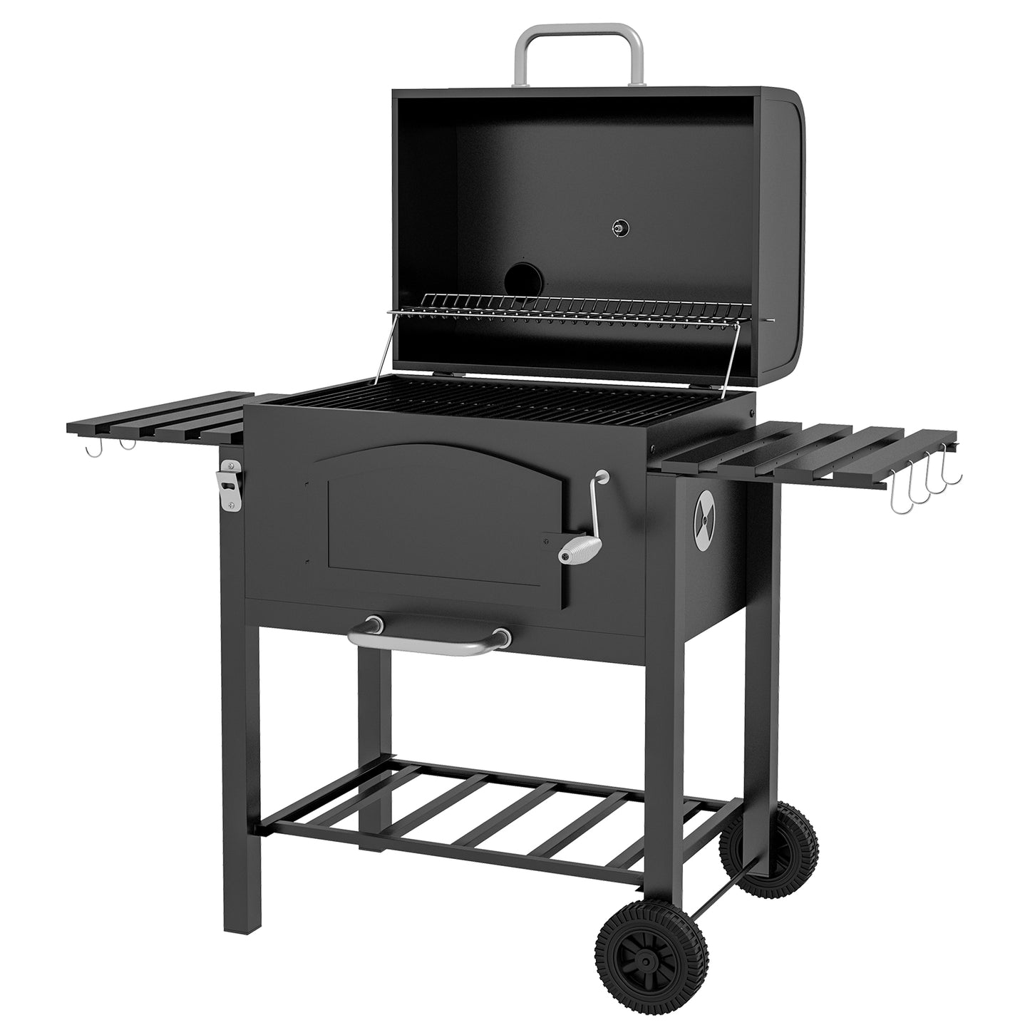 Charcoal BBQ Grill with Adjustable Height and Folding Shelves