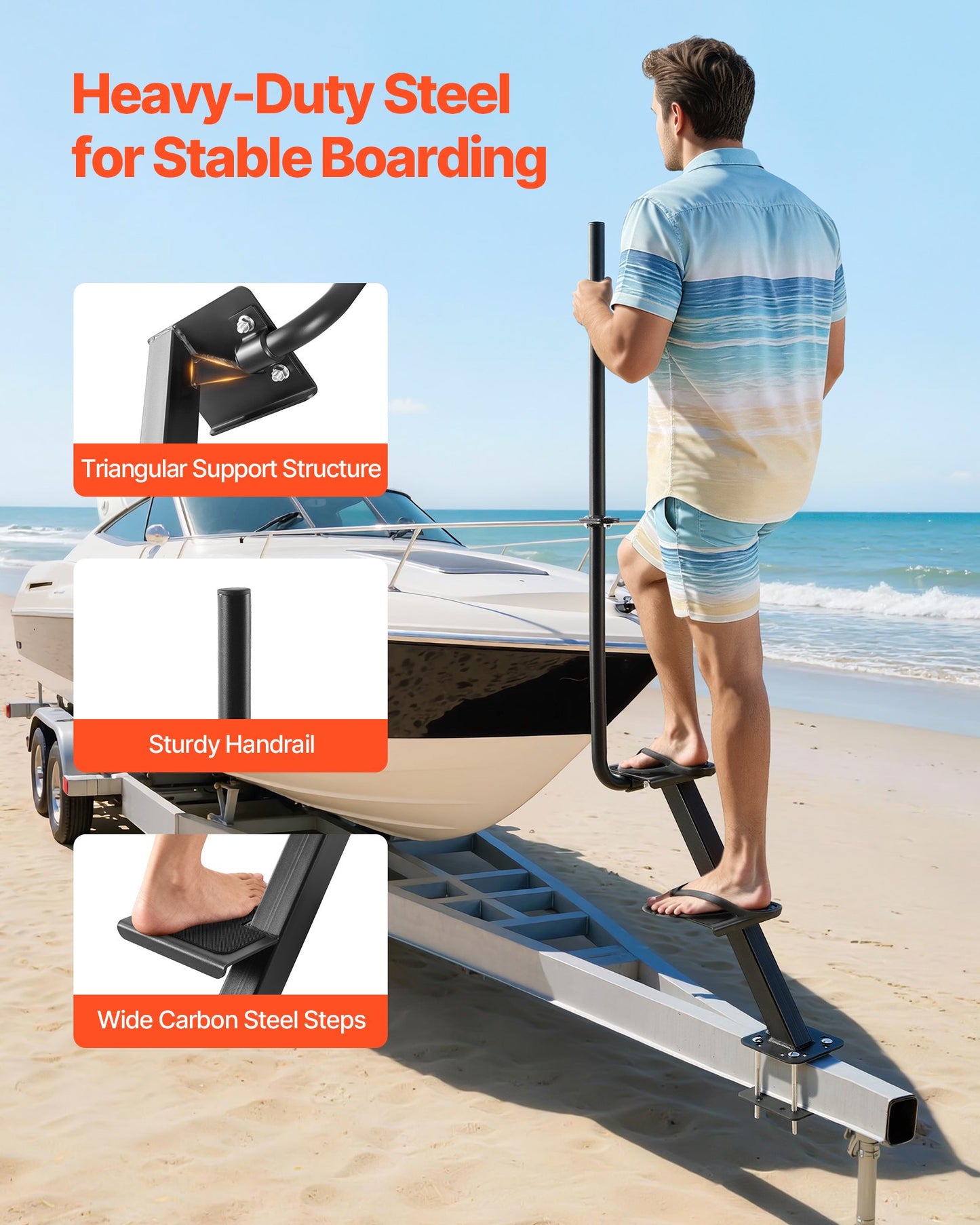 Heavy-Duty Boat Trailer Steps with Handle - Non-Slip Steel Ladder, Black