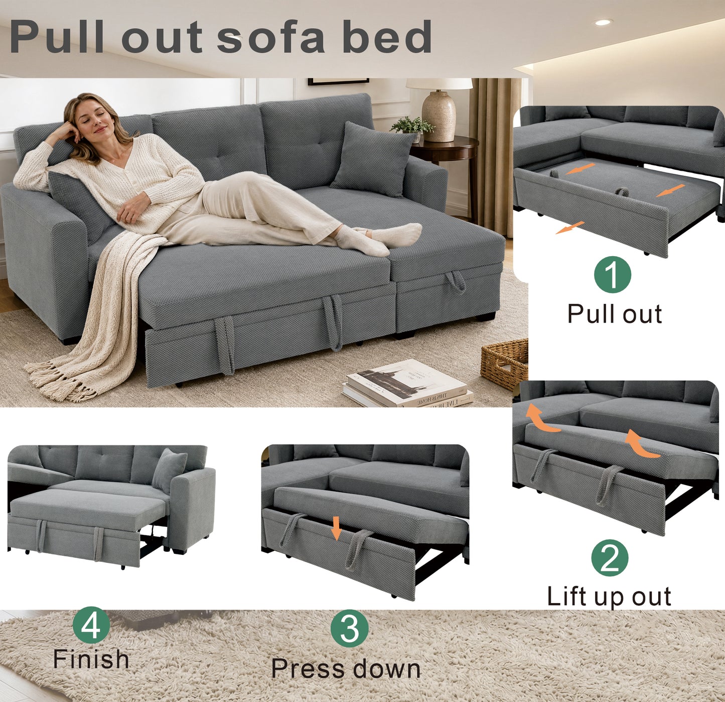 Light Gray Sectional Sofa Bed with Reversible Chaise & Storage