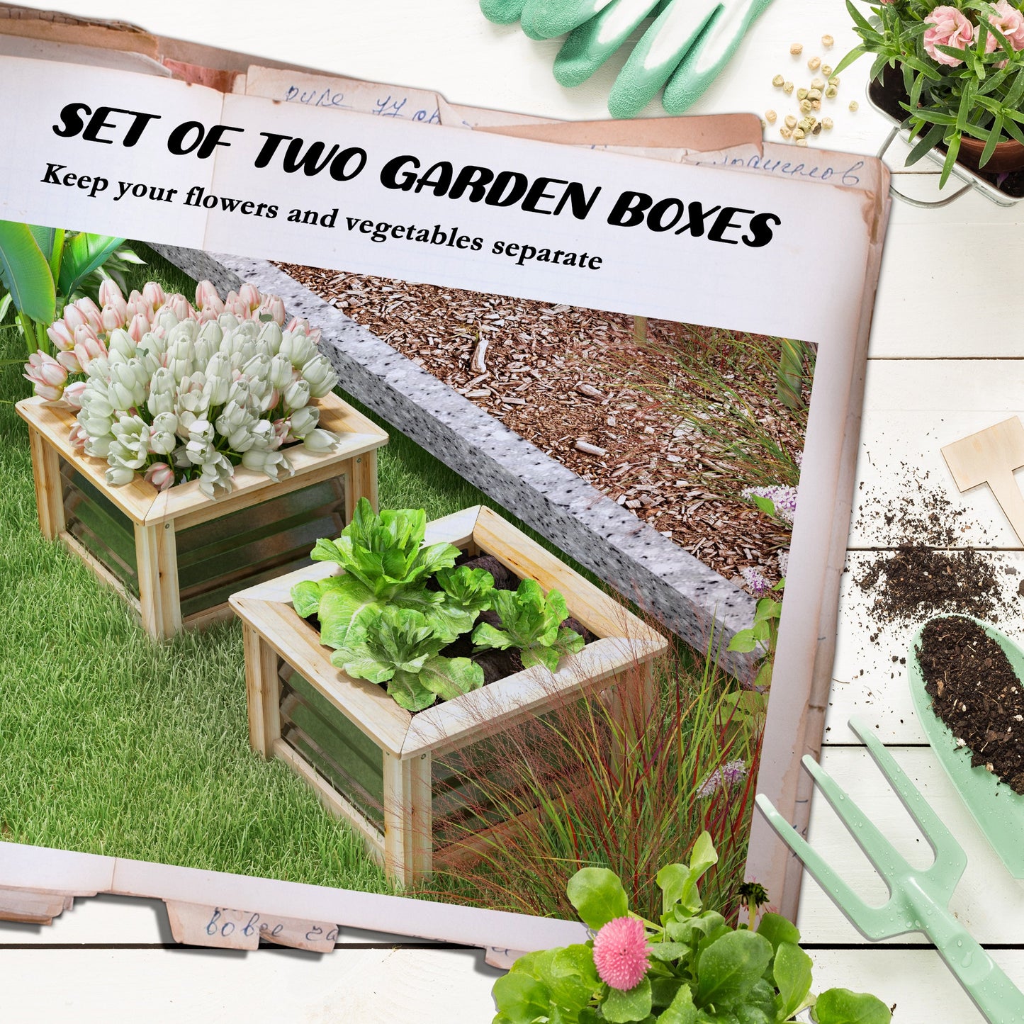 Set of 2 Raised Garden Beds with Metal and Wood Frame - Outdoor Planter Boxes for Herbs and Vegetables