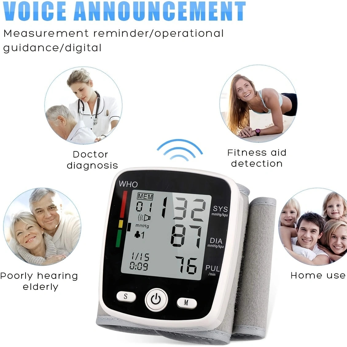 Automatic Wrist Blood Pressure Monitor - Rechargeable Voice Broadcast Cuff