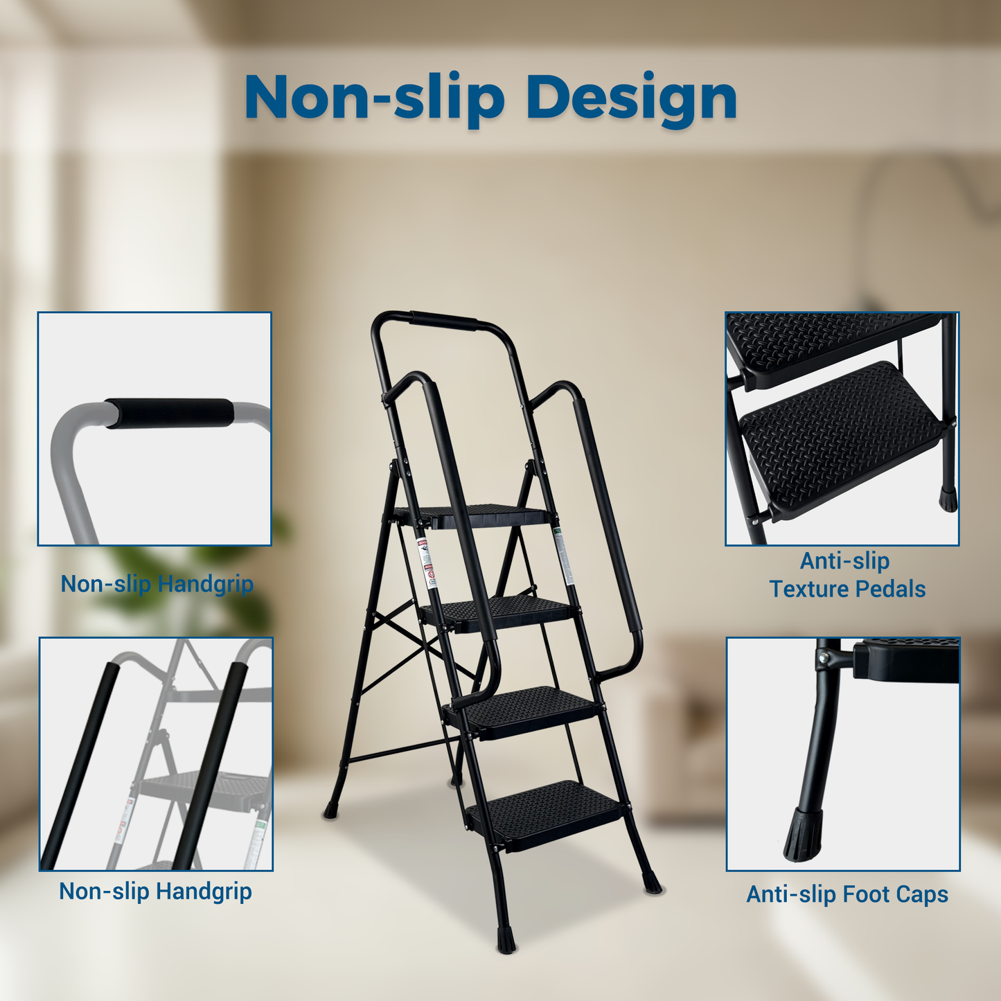 4 Step Folding Ladder Stool with Anti-Slip Pedals - Black