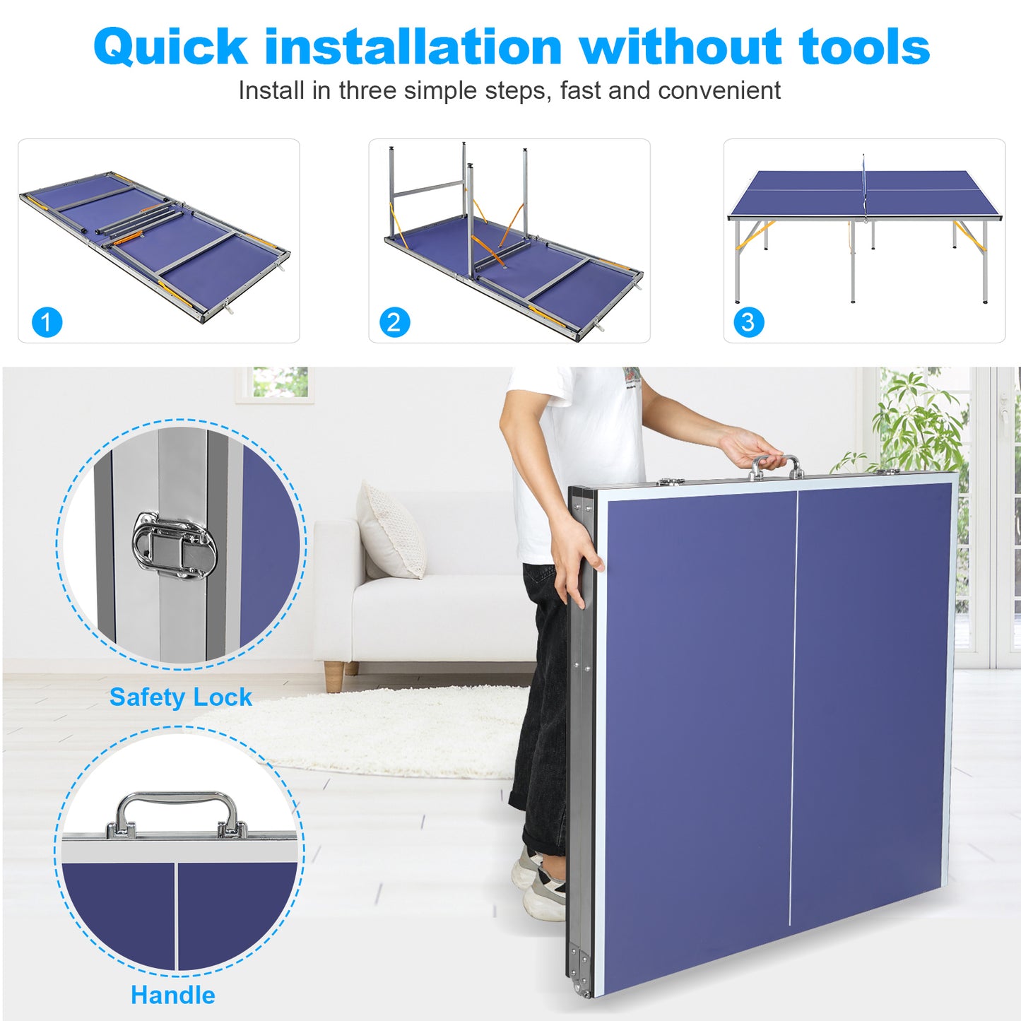 6ft Foldable Blue Mid-Size Table Tennis Set with Paddles & Balls