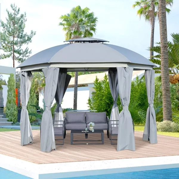 144" Round Outdoor Gazebo with Double Roof Canopy - Grey