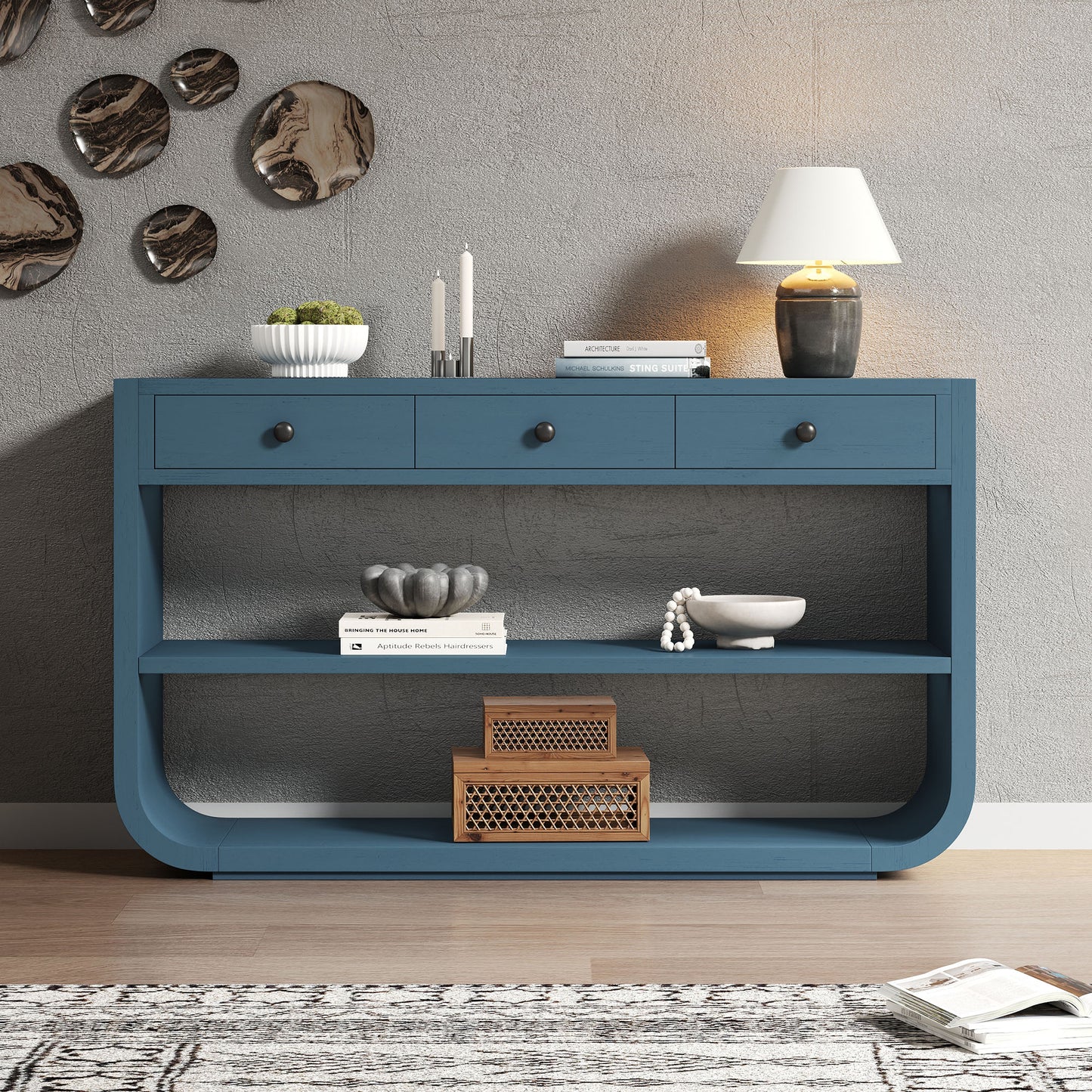 Modern Curved Console Table with 3 Soft-Close Drawers - Blue