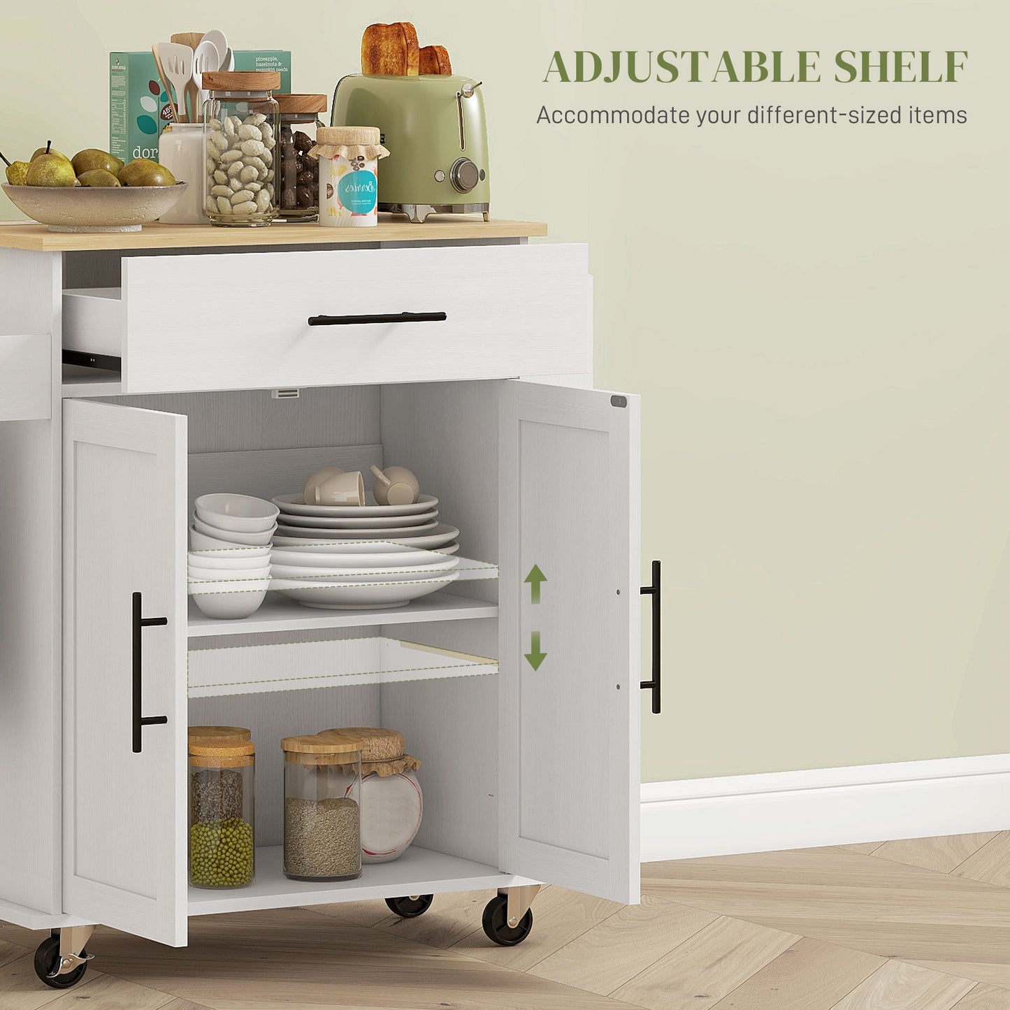 Rolling Kitchen Island with Wheels, Power Outlets & Storage - White