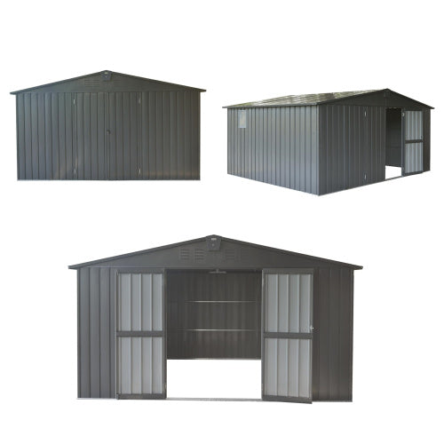 11x9 Metal Garden Storage Shed with Galvanized Steel Frame & Windows, Lockable Door - Dark Gray