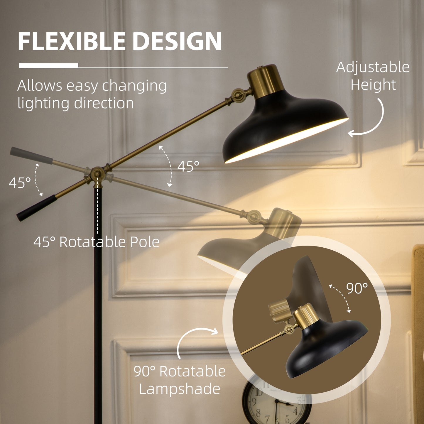 Tall Adjustable Floor Lamp with Balance Arm - Black and Gold Standing Lighting for Living Room & Bedroom