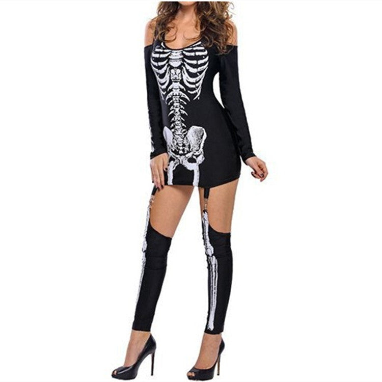 Skeleton Skeleton Printed Sexy Off-the-Shoulder Halloween Costume - Black, Multiple Sizes