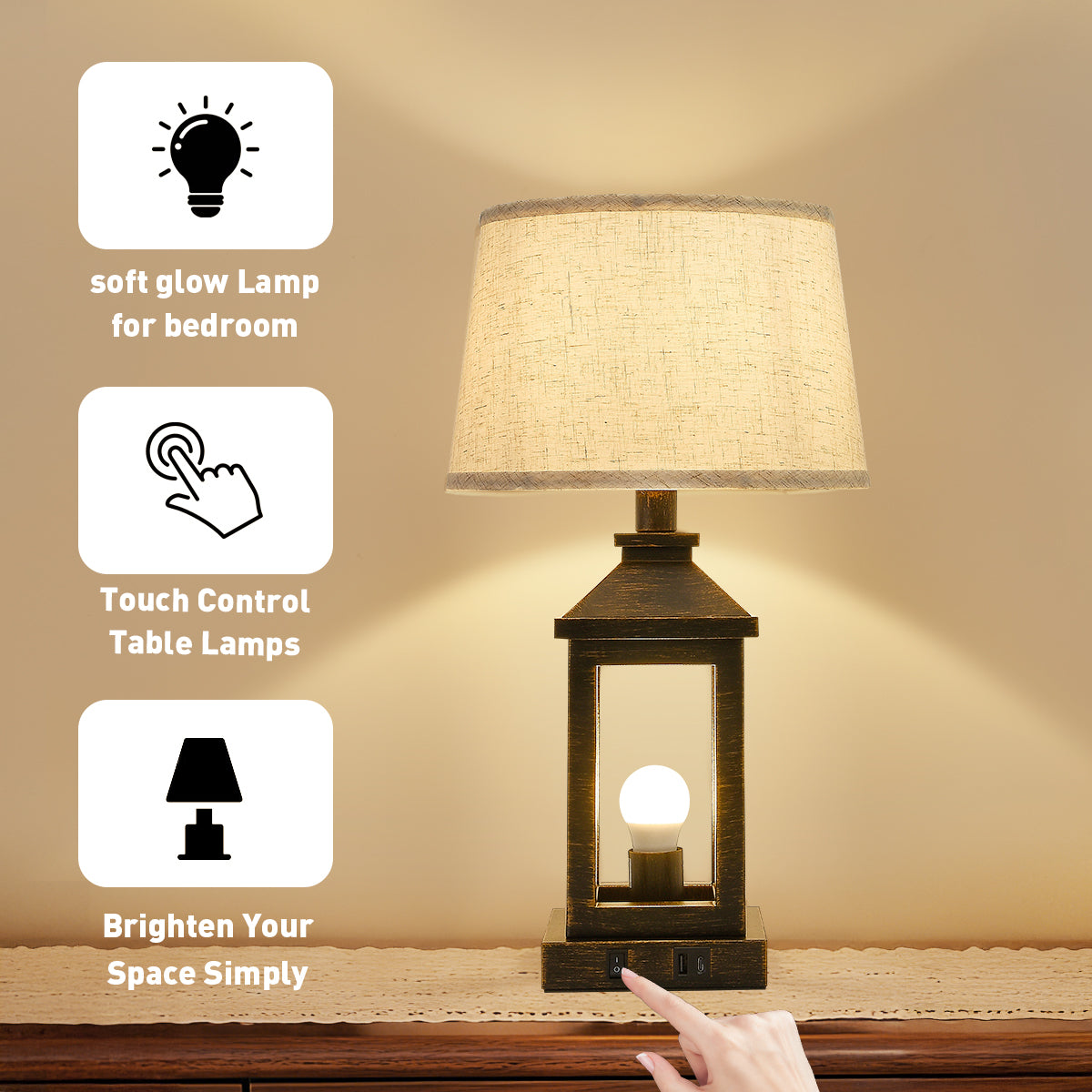 Dimmable Black Gold Farmhouse Table Lamp with USB Ports