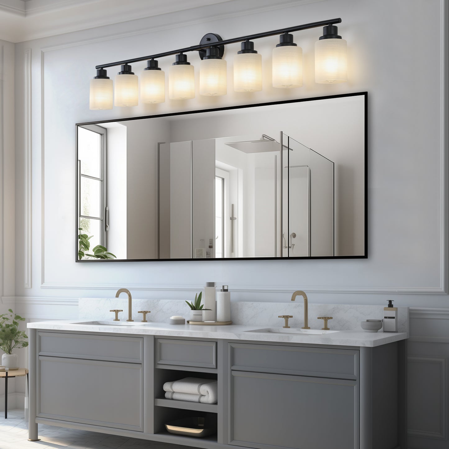 Modern 8-Light Vanity Wall Sconce - Frosted Glass & Black Frame