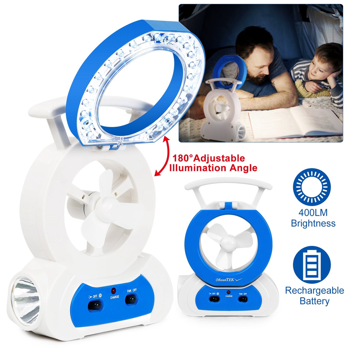 Multi-Functional Desk Fan with 180° Adjustable LED Lamp and Flashlight