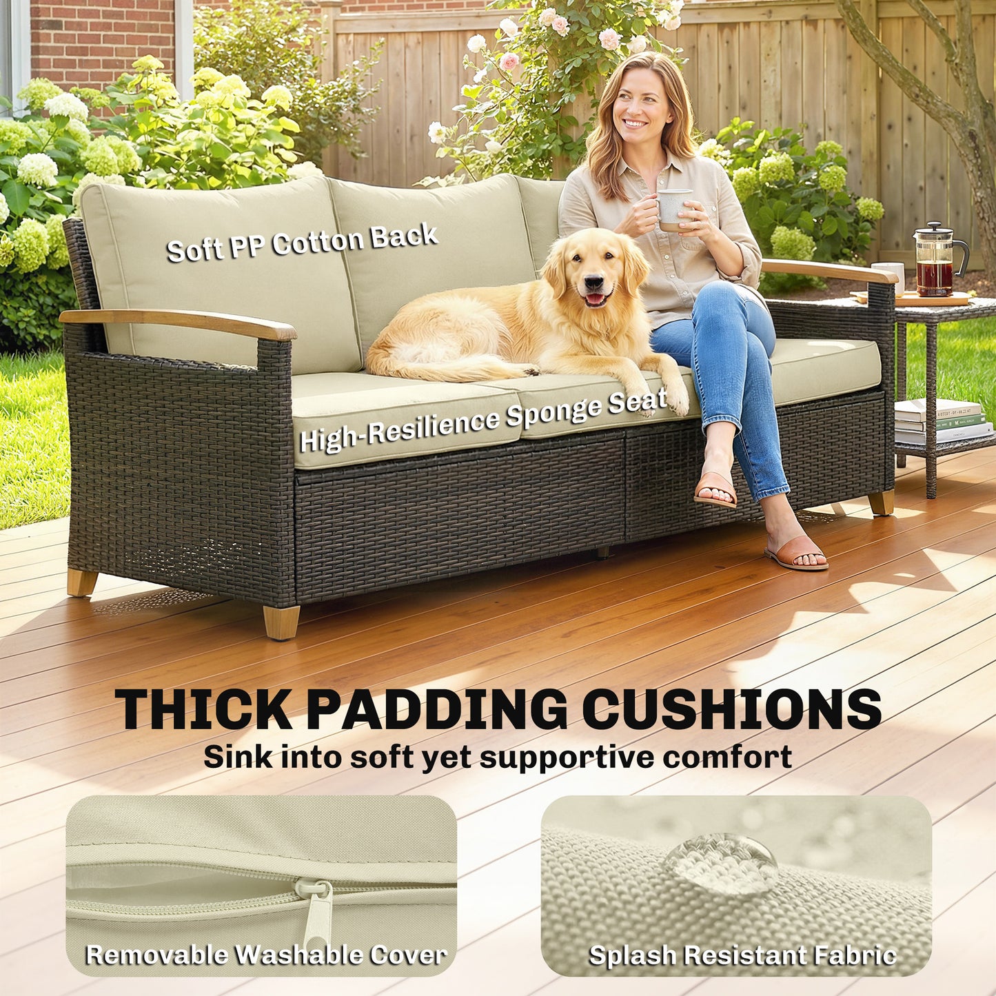 3-Seater Outdoor Wicker Couch with Cushions - Beige