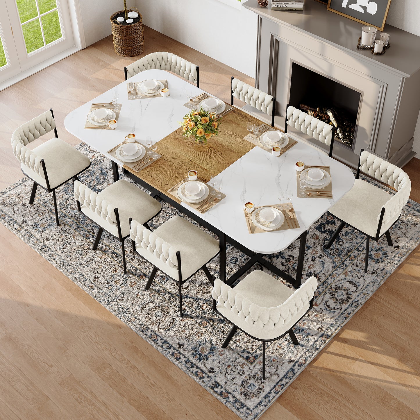 9-Piece Square Dining Table Set, Fixed White Faux Marble & Wood Grain