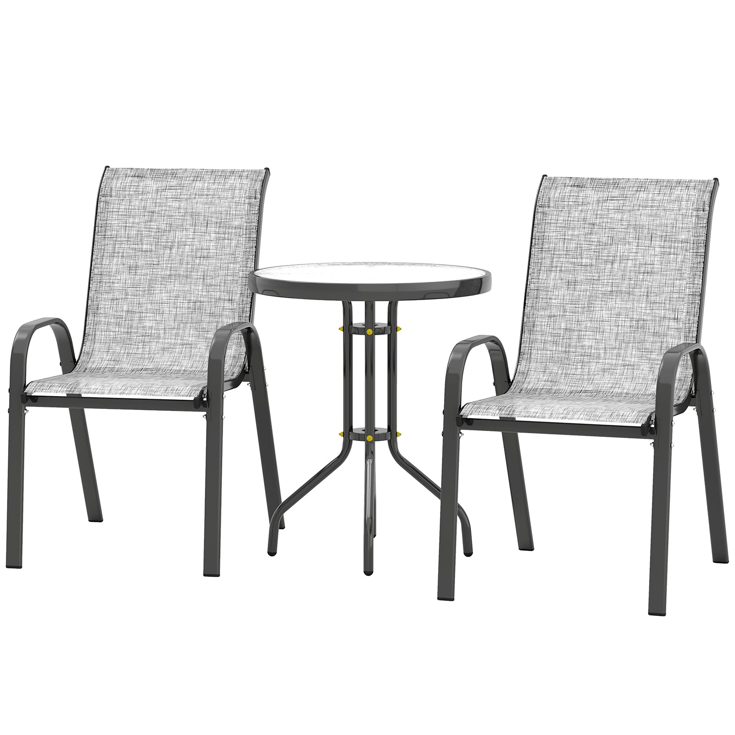 Bistro Set for Small Spaces - 2 Stackable Chairs & Glass Table - Gray