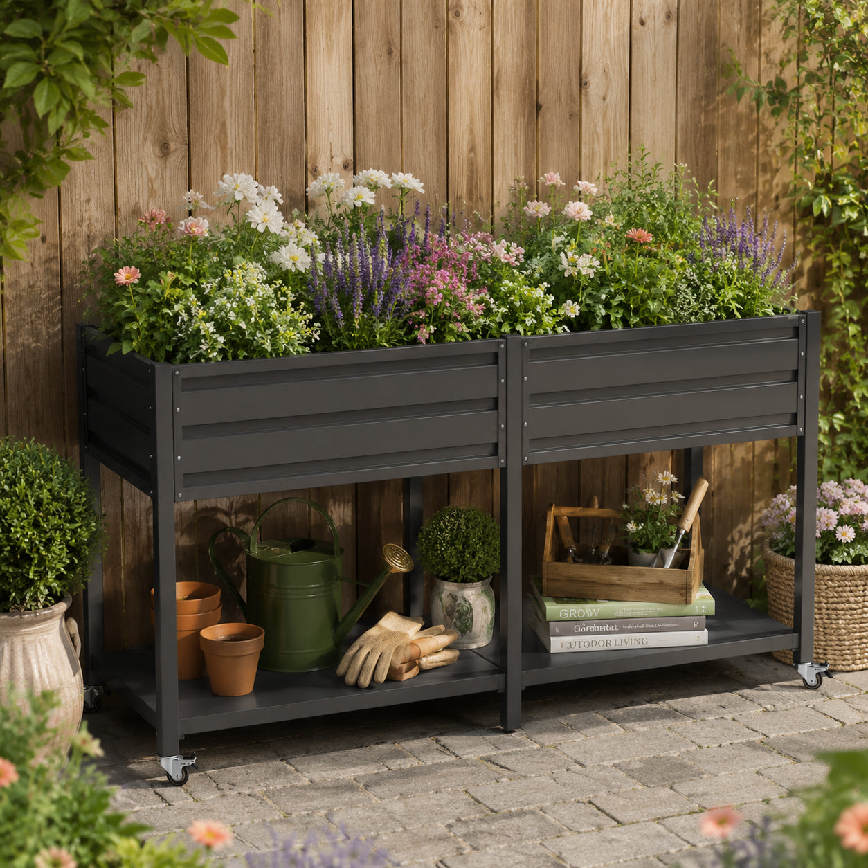 Dual Tier Metal Raised Garden Bed with Lockable Wheels & Storage Shelf - Dark Gray