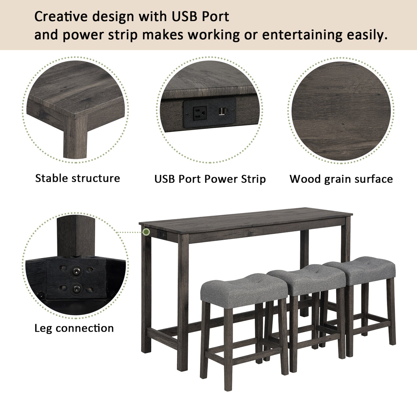 Bar Table Set with Power Outlet & 3 Padded Stools - Dark Gray