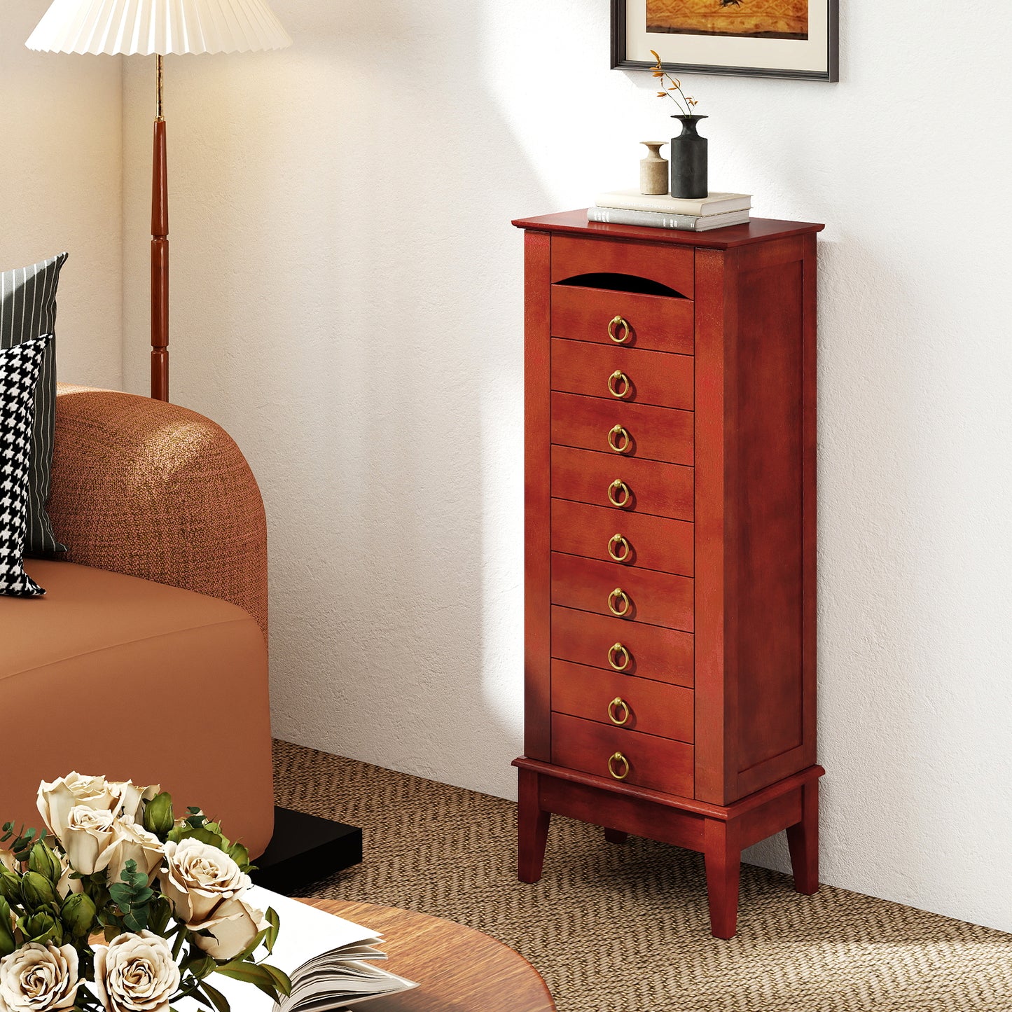 Jewelry Storage Cabinet with 9 Drawers and Flip Top Mirror