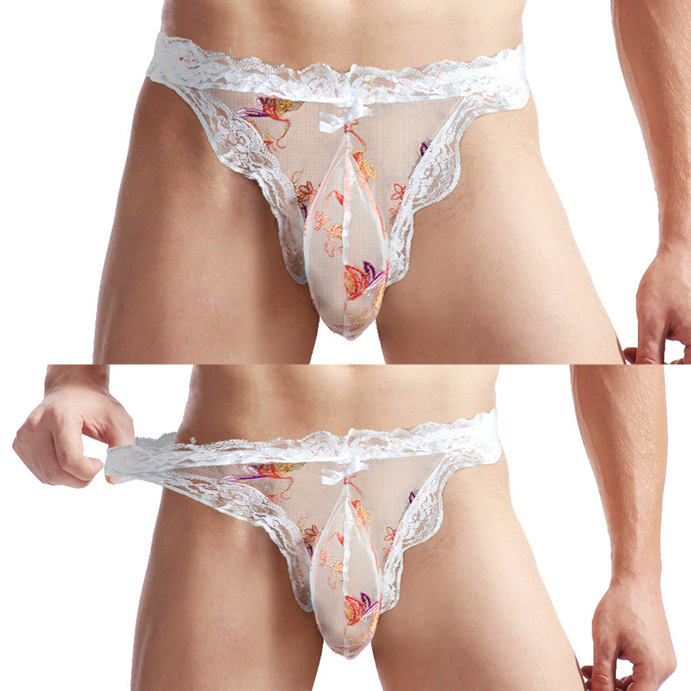 Men's Lace T-Back Underwear - Comfortable White Nylon Briefs