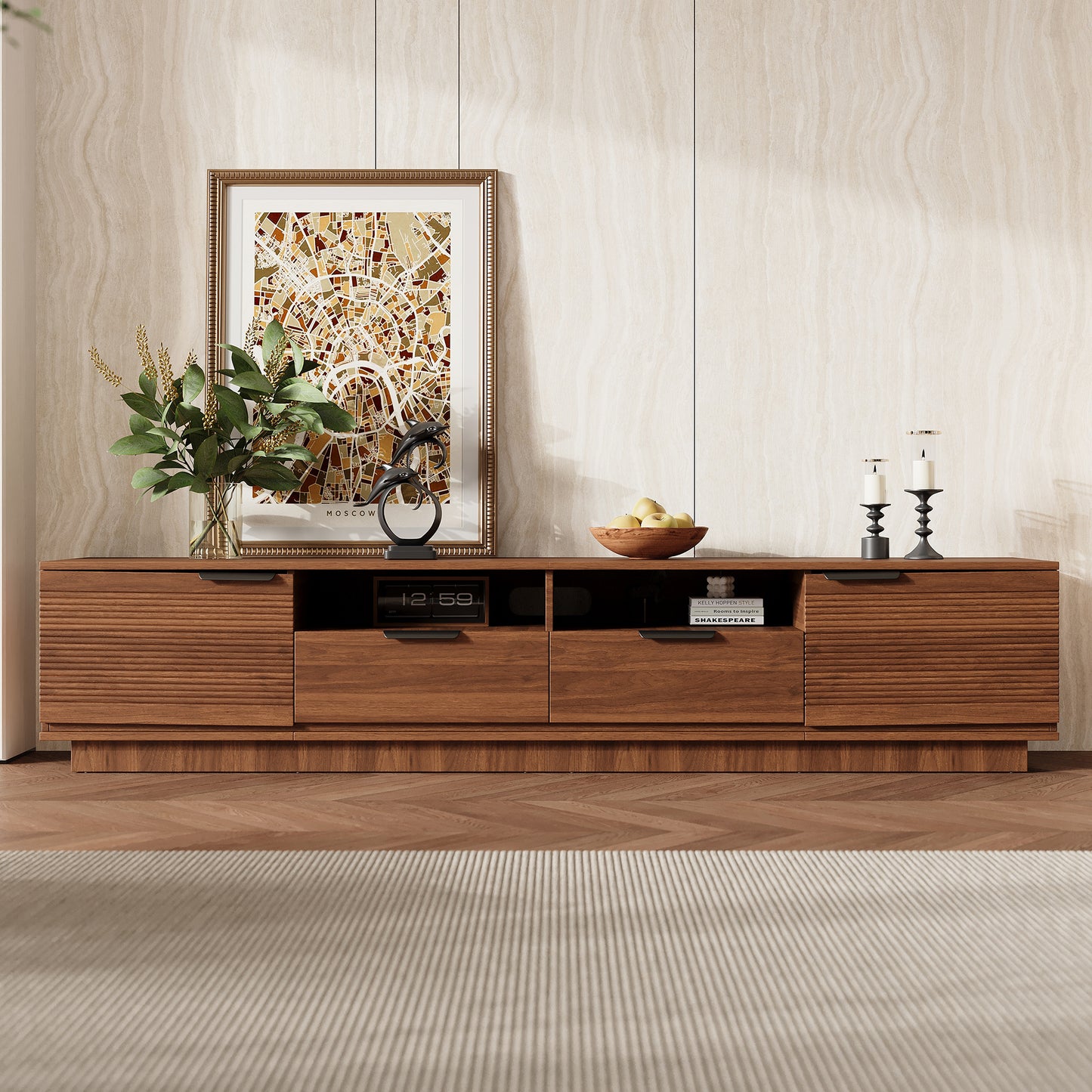 78 Inch Modern TV Stand for 85 Inch TVs - Walnut Finish