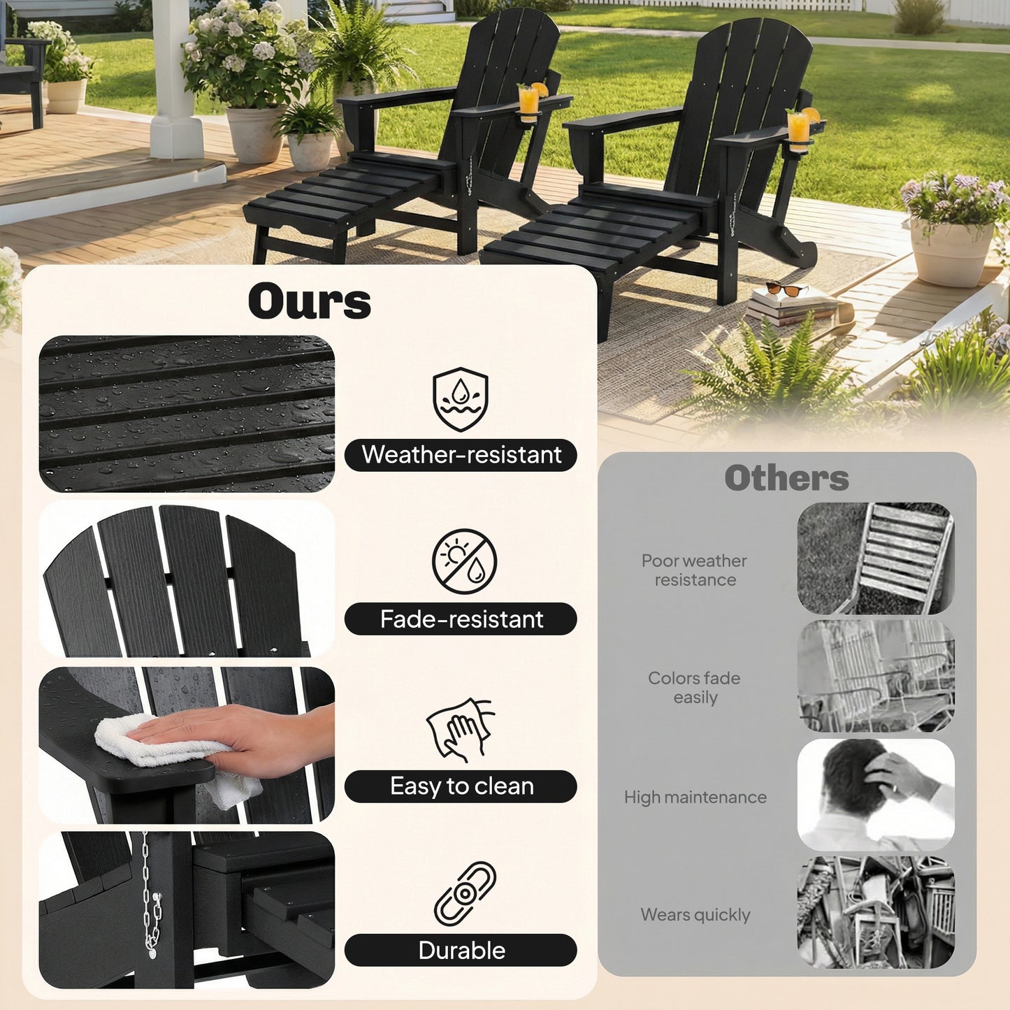 Folding Adirondack Chair Set of 2 - HDPE Fire Pit Chairs with Ottoman & Cup Holder - Black