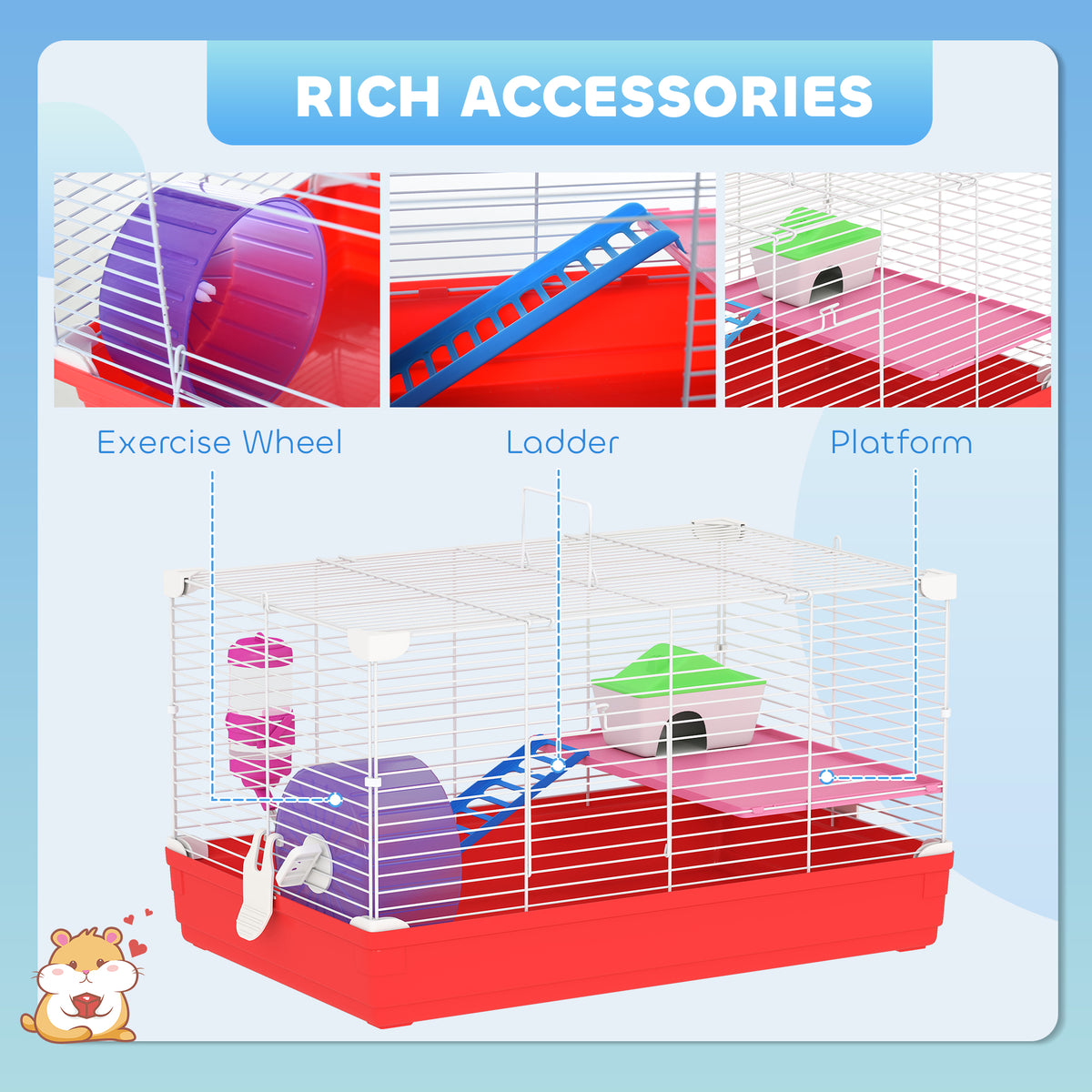 Hamster Cage 18.5 Inch with Exercise Wheel Water Bottle & Habitat - Red