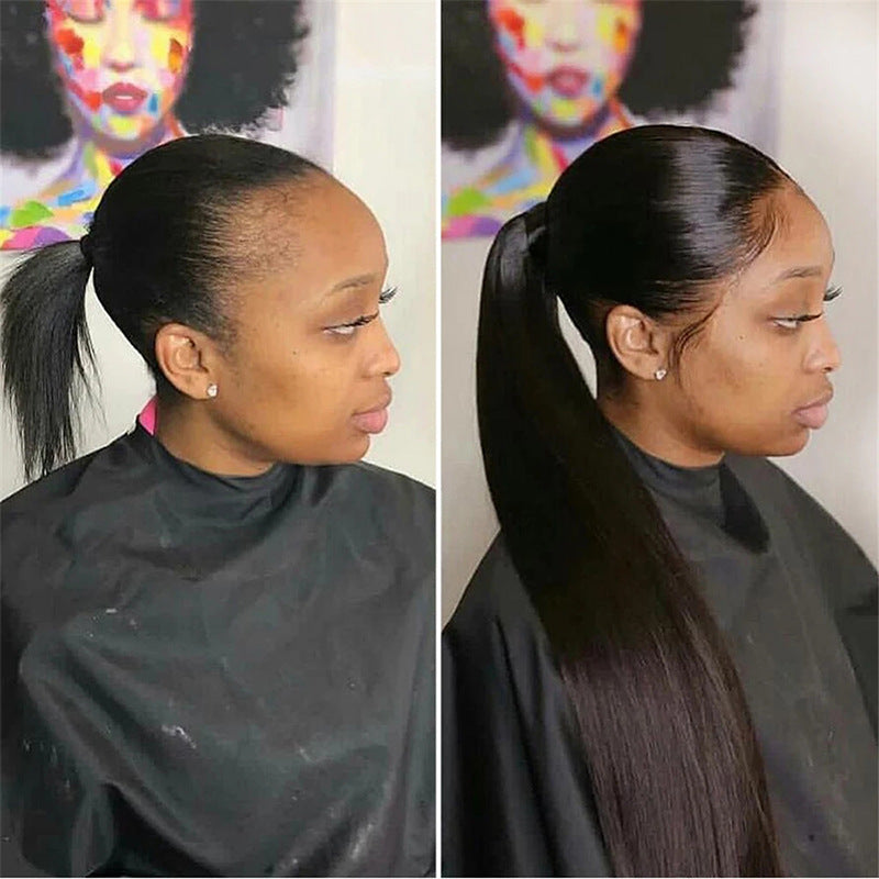 Natural Black Human Hair Ponytail Wig - Straight Style, 8-30 Inch