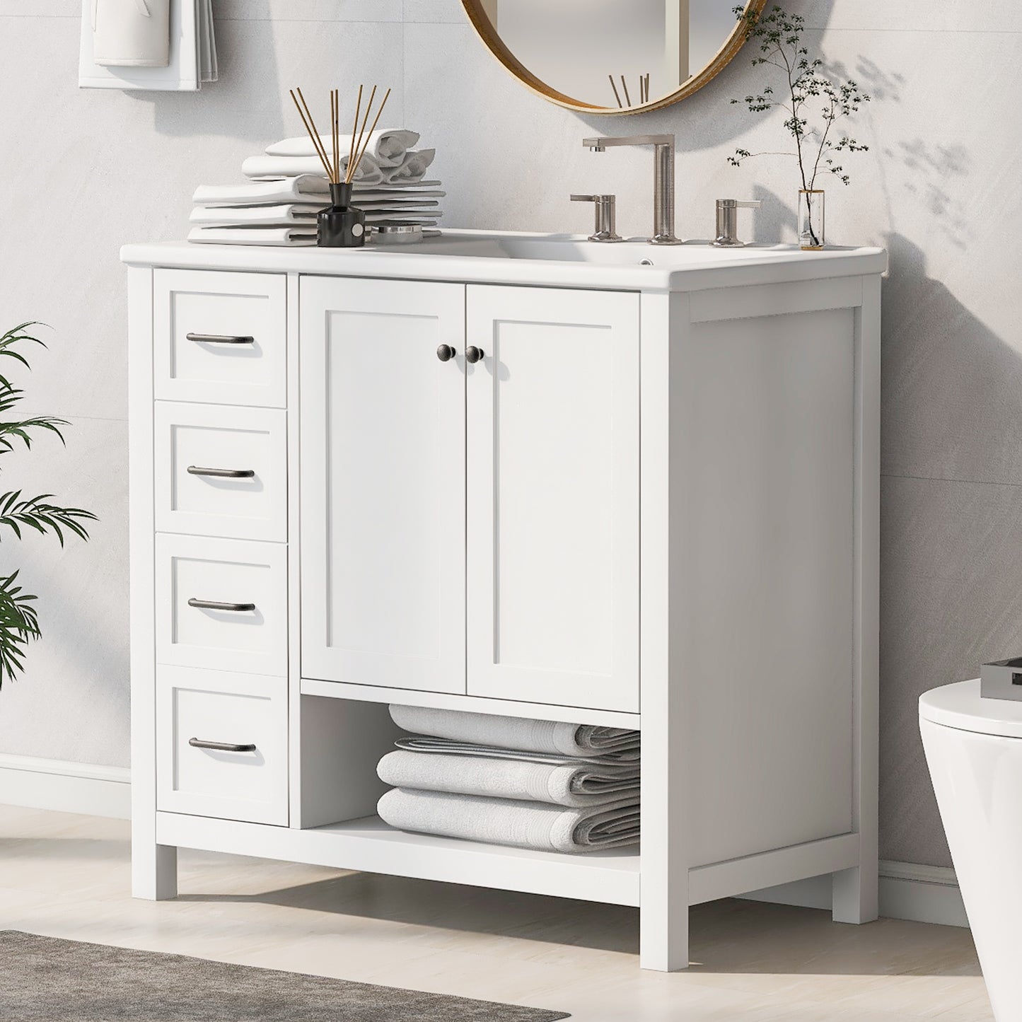 36" Bathroom Vanity with Sink Top - Solid Wood, White
