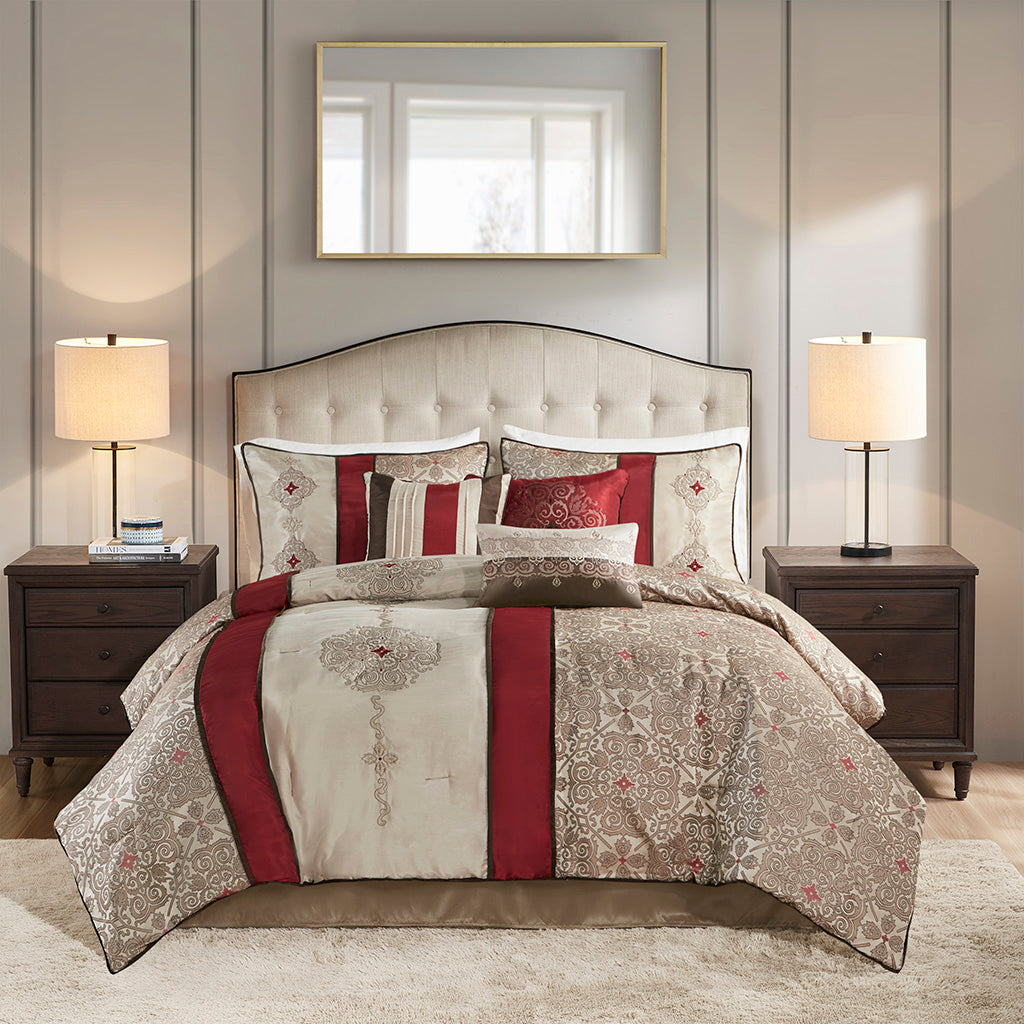 Queen 7 Piece Jacquard Comforter Set With Throw Pillows