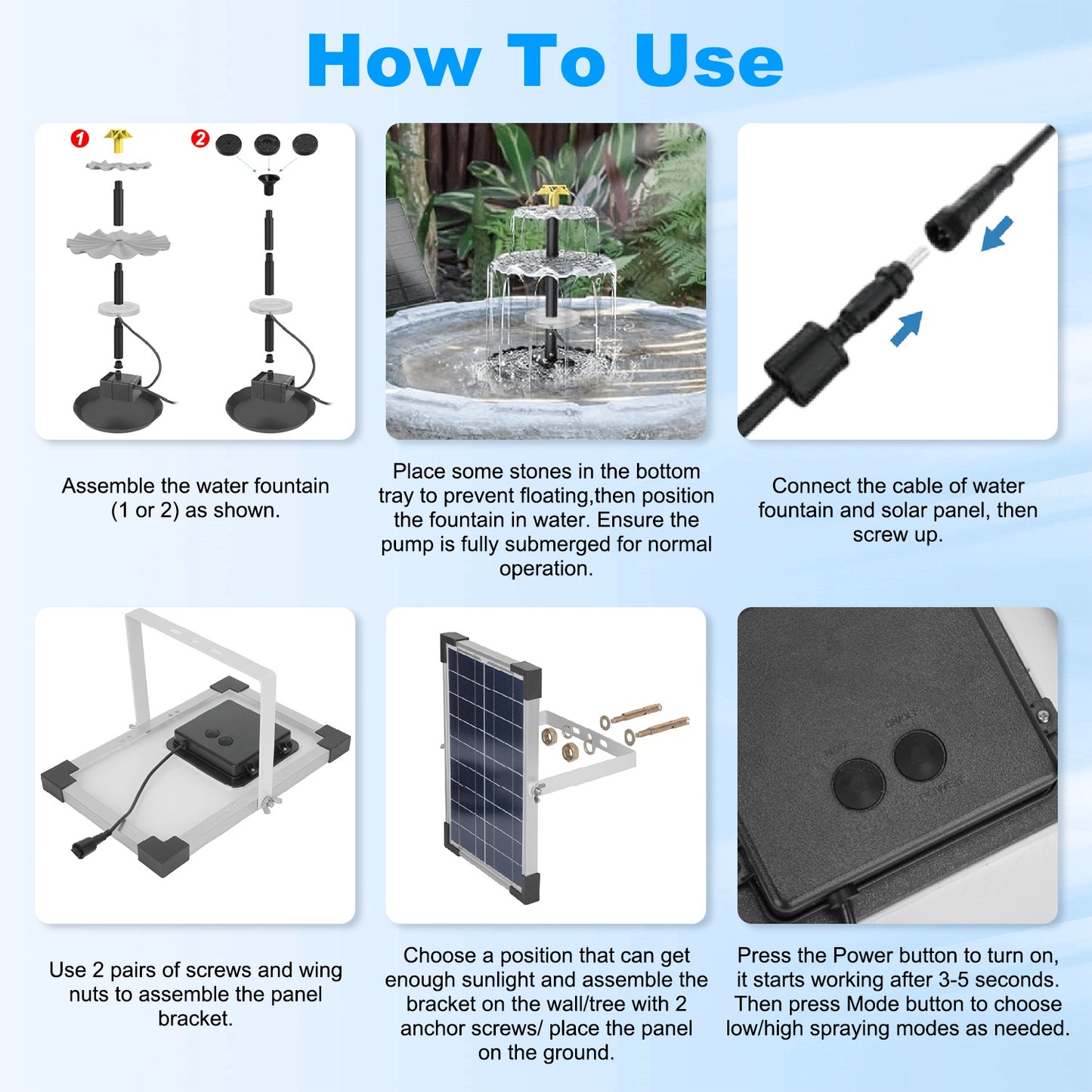 Solar Bird Bath Fountain Water Feature with Colorful LED Lights, 3 Nozzles, 6W Solar Panel