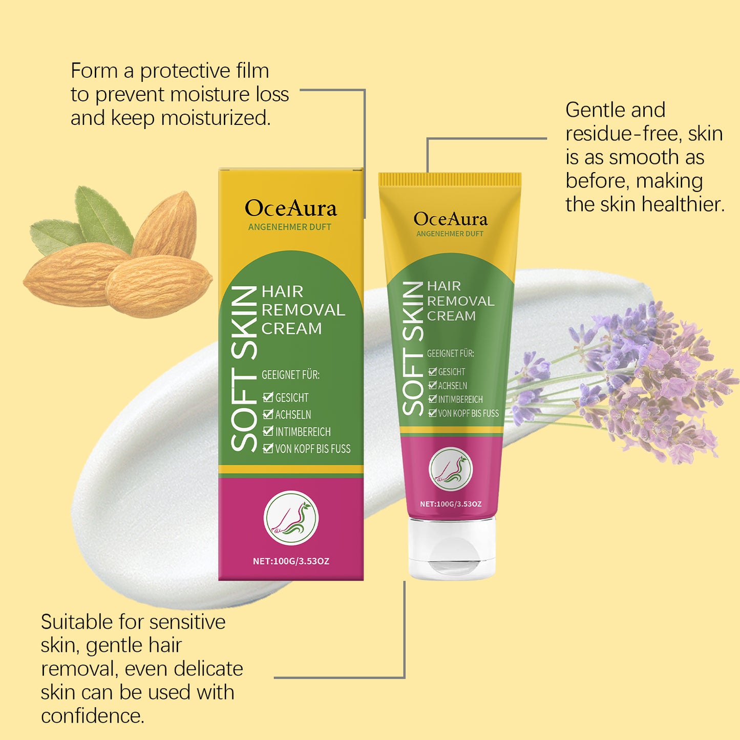 Gentle Soothing Hair Removal Cream for Face and Body - Multiple Sizes