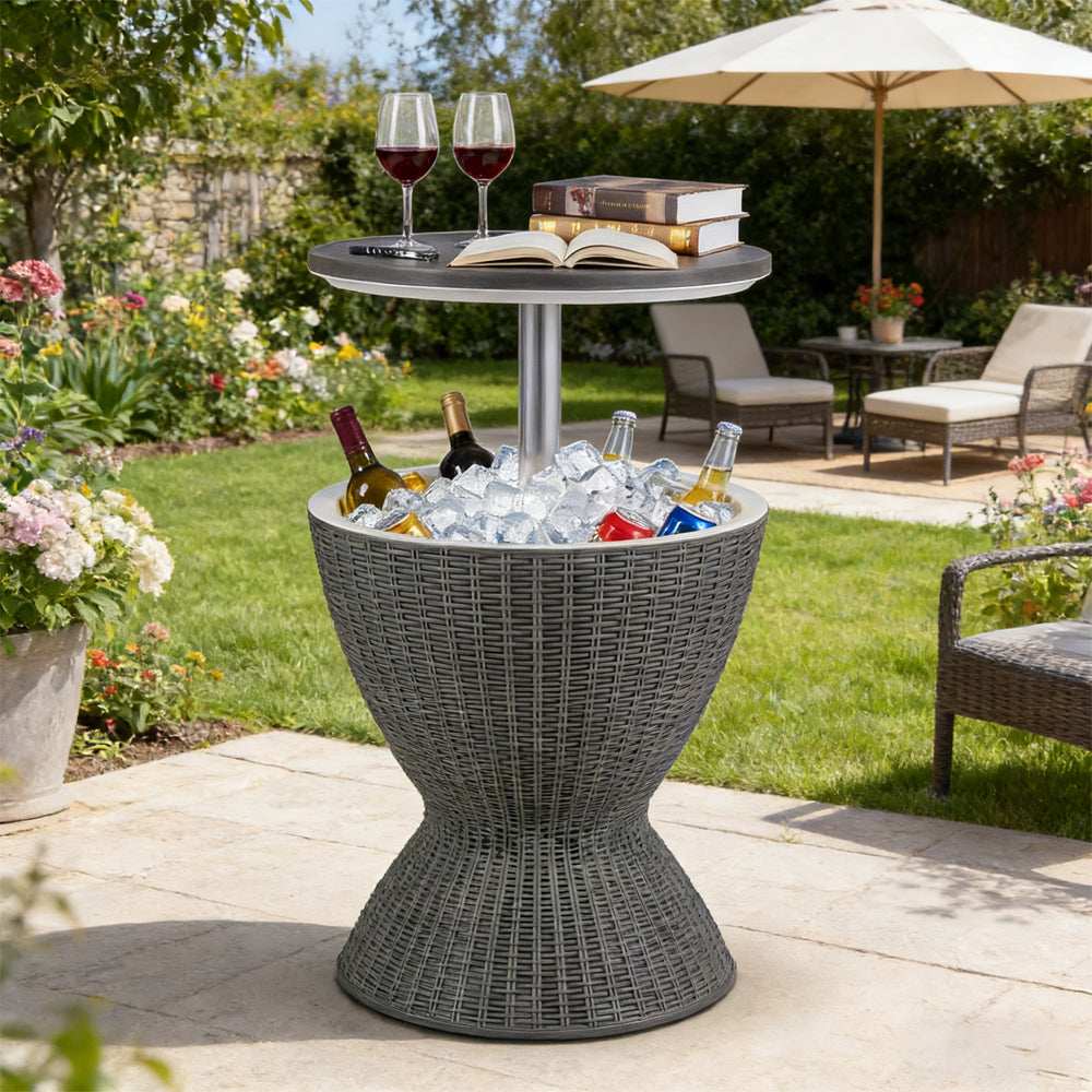 Extendable Outdoor Rattan Bar Table with Ice Cooler - 8 Gallon Capacity
